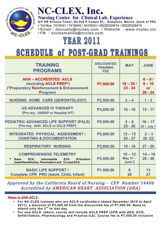 NC-CLEX Schedule of May - June 2011 Post Graduate Training