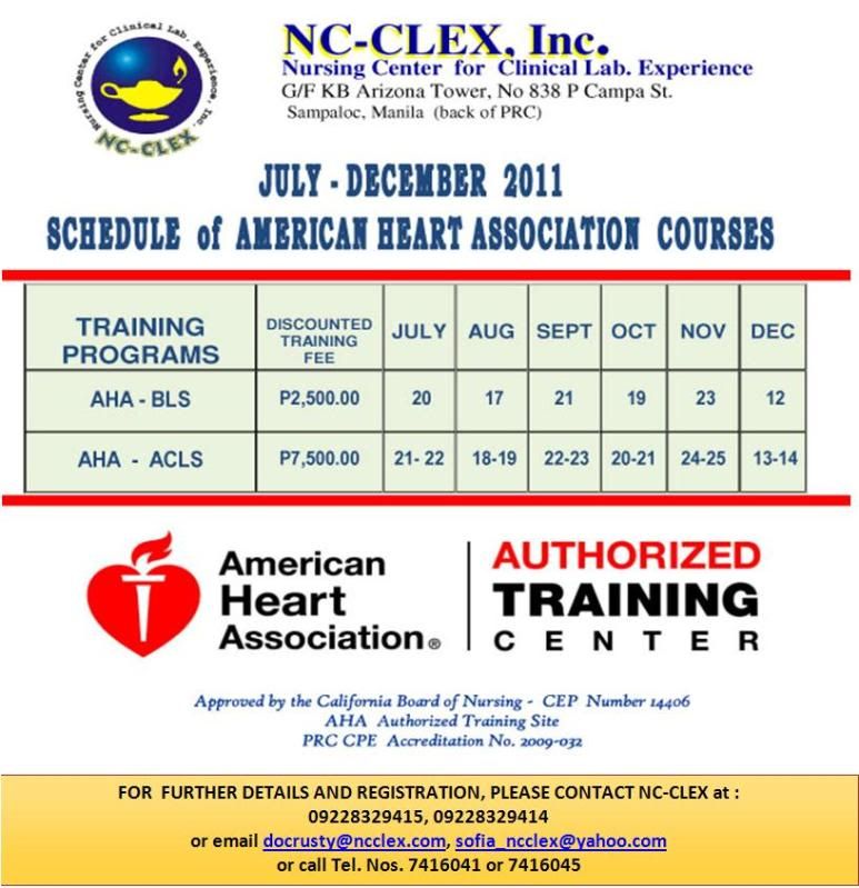 NCCLEX Schedule of BLS and ACLS Training July - December 2011