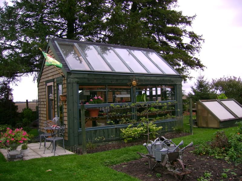 Greenhouse, coldframe and veggie garden.
