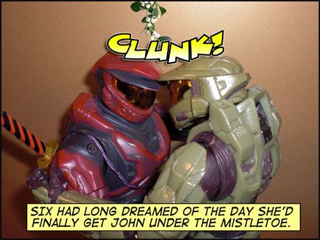 John didn't want Six to smell his bad breath, so he decided not to take off his helmet to kiss her.