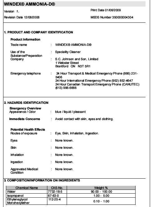 Page from MSDS for Windex with