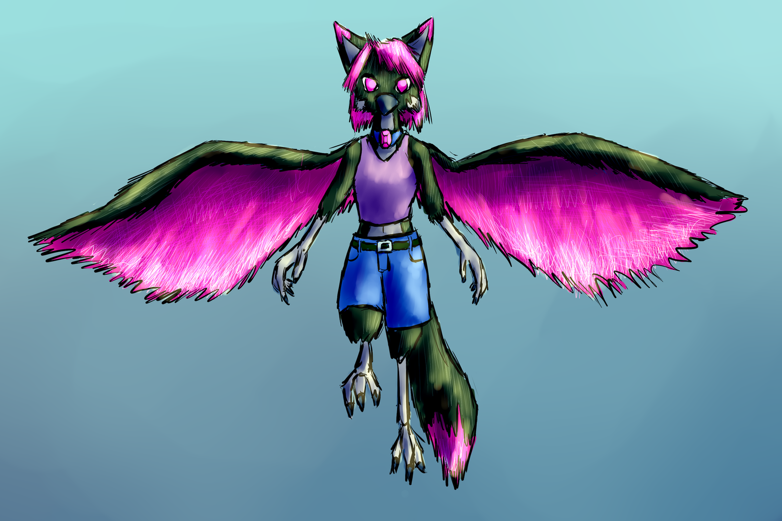 A picture of a black and neon pink fox-phoenix gryphon, in a sleeveless top and denim shorts, looking into the camera as she flaps her wings and takes off into the air.
