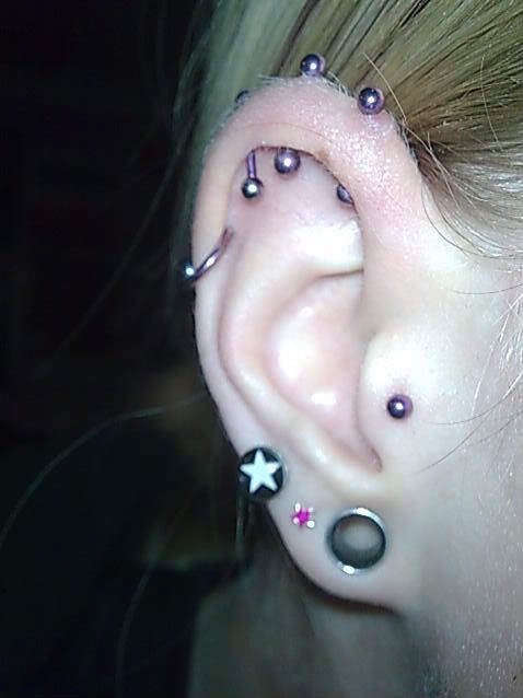 Piercings Lobes x 6 1st holes at 10mm. Tragus Auricle Forward Helix