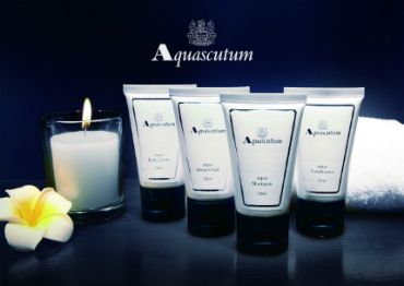 Aquascutum offers a range of hotel toiletries, including aqua shampoo, conditioner, shower gel and body lotion (30ml).