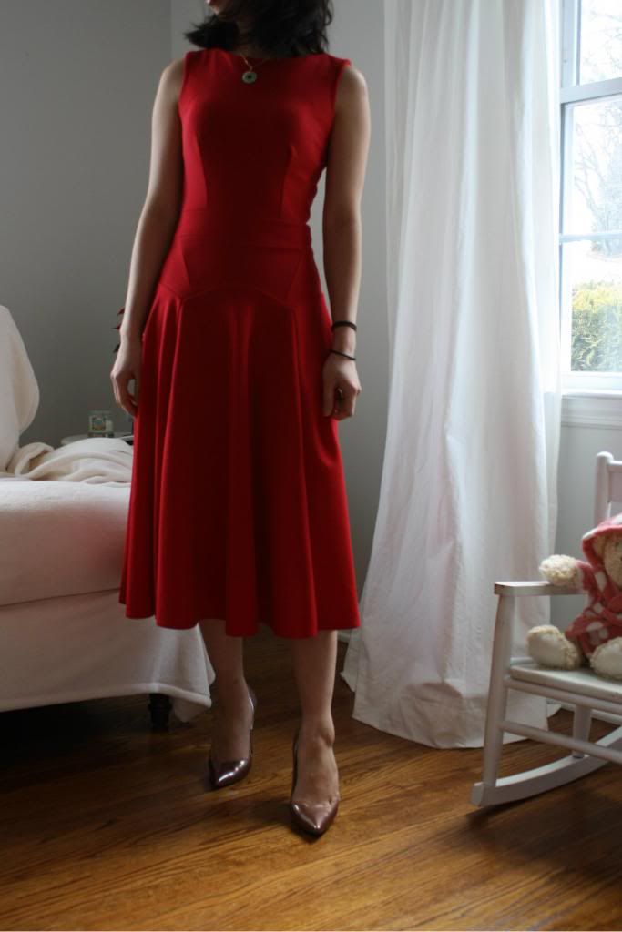 ASOS red dress, Manolos BB in Copper