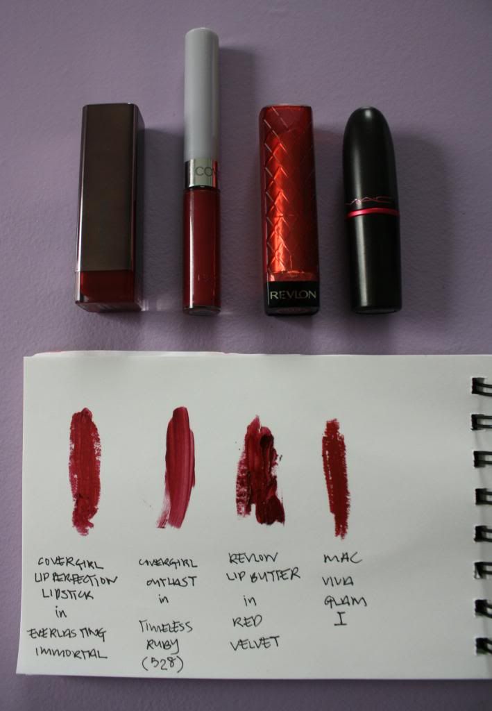 darker red lipstick swatches - revlon, covergirl, MAC photo darkerredlipstickswatches-revloncovergirlMAC_zps7fd9a3b5.jpg