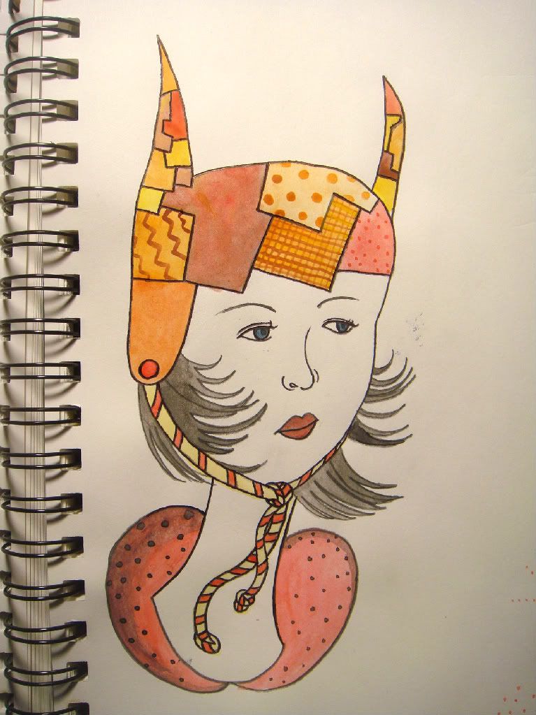 Painting of girl with orange patchwork hat