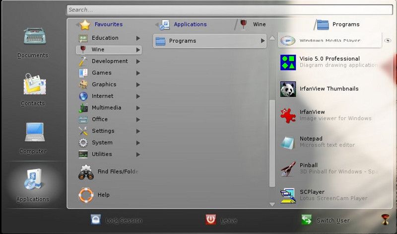 WINE menu in Lancelot Launcher WINE menu in Lancelot Launcher
