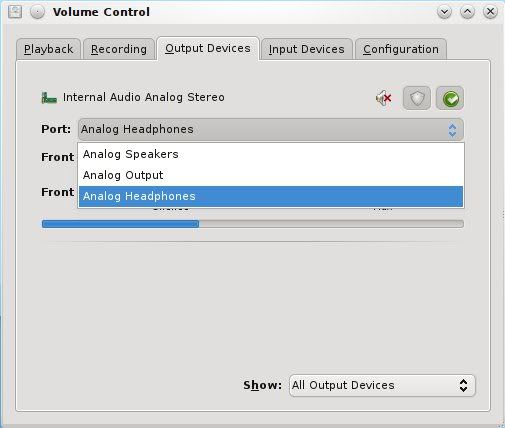 PulseAudio Volume Control showing selection of Headphones channel PulseAudio Volume Control showing selection of Headphones channel