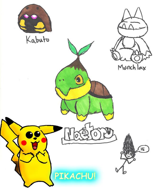 Pikachu, Kabuto, Naetoru, and Munchlax!