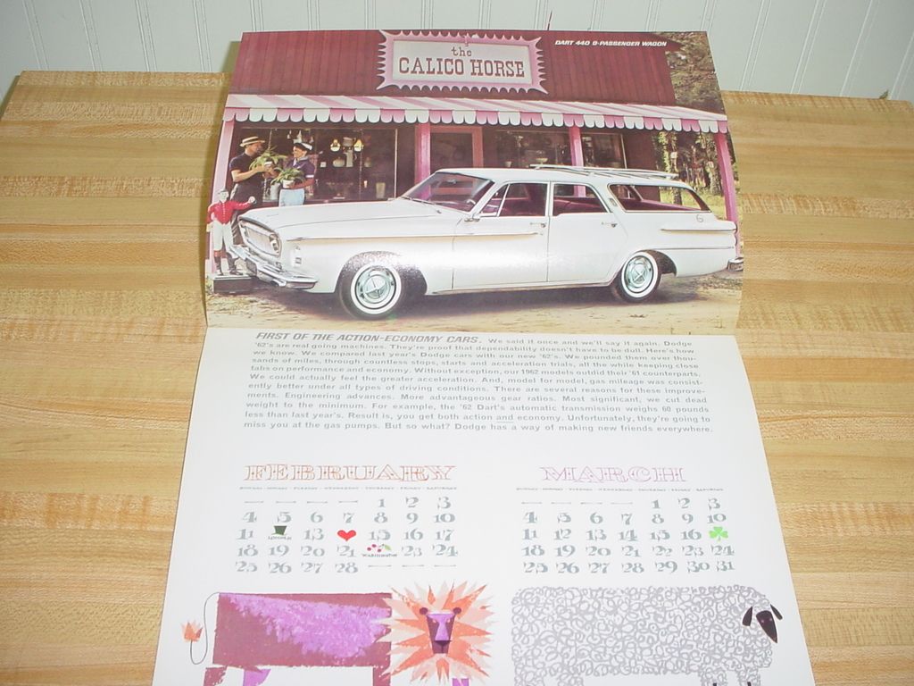 Original 1962 Dodge Dart /& Lancer Calendar Sales Brochure 62