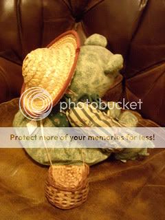 Whimsical FISHING FROG with pole, worm, hat and creel basket decor